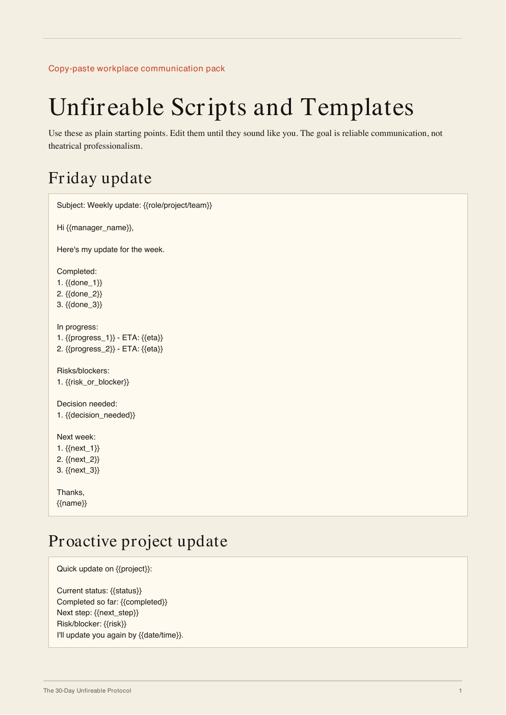 Workplace scripts included in the Unfireable Protocol